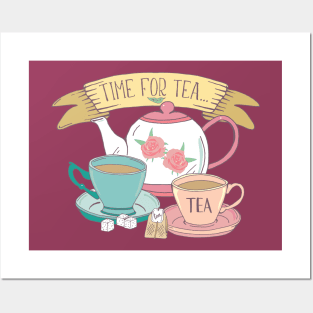 Time For Tea Aesthetic Tea Design in Vintage Pink and Blue Posters and Art